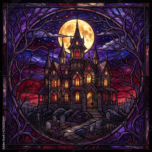 Haunted castle and full moon stained glass window. Spooky gothic mansion with cemetery