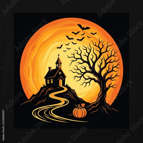 Halloween vector illustration. Haunted church on a hill. Giant full moon spooky tree and bats