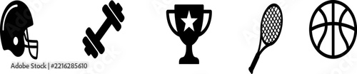 Set of black and white sports equipment icons including football helmet dumbbell trophy tennis racket and basketball
