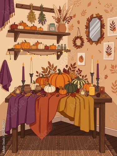 Cozy autumn room interior vector illustration featuring a wooden table with pumpkins