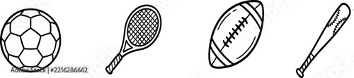 Set of hand drawn sports equipment icons including a soccer ball tennis racket football and baseball bat