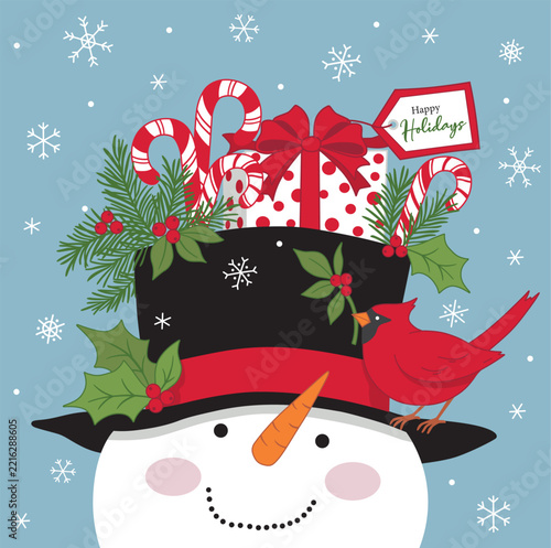 Cute Snowman With Candy Cane And Holly Leaves On Hat Christmas Greetings Card
