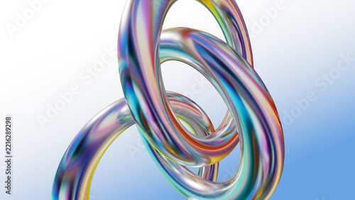 3D iridescent fluid torus ring abstract shape with metallic colorful gradient refractions. Perfect background for tech presentation, branding, web banner, UI poster design, and digital art projects