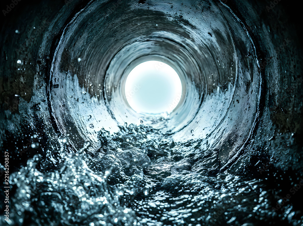 Fototapeta premium View from inside a dark industrial pipe with rushing water flowing towards a bright light at the end