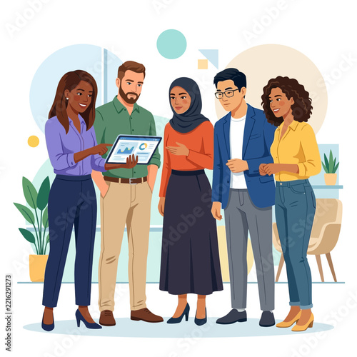 Diverse Business Team Collaborating on Digital Tablet in Modern Office