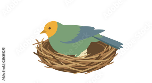 Bird nestled in a woven nest flat vector illustration