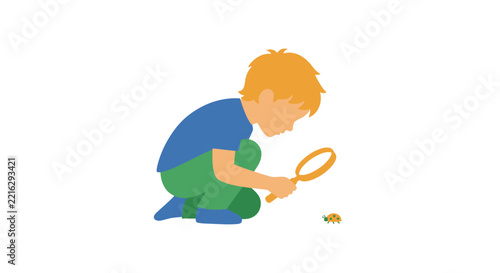 Boy examining ladybug with magnifying glass flat vector illustration