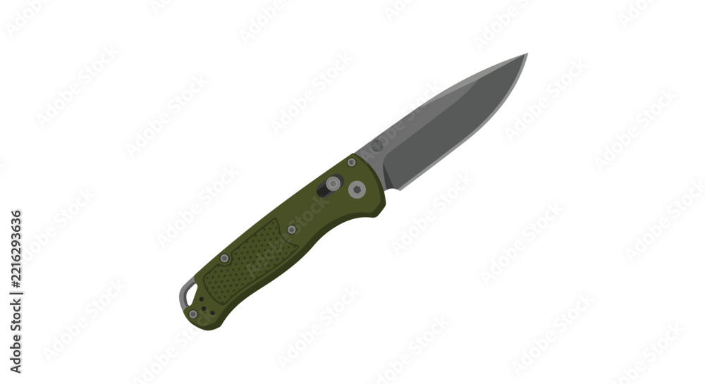 Obraz premium Foldable pocket knife with a green handle and metallic blade on a white background
