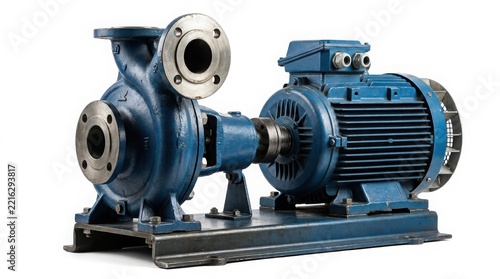 Industrial blue electric water pump with metal motor and steel parts for factory machinery isolated on a white background