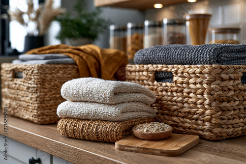 Beautiful setup of sustainable home organization concept with reusable storage baskets, refillable glass containers, bamboo accessories and natural textiles in a bright modern pantry