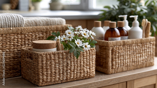 Sustainable home organization concept with woven baskets, refillable containers, reusable accessories and natural materials in a bright modern interior