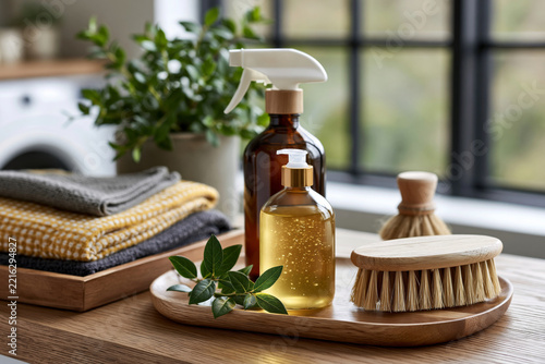 Clear design showing sustainable household essentials featuring reusable spray bottles, natural fiber brushes, washable cleaning cloths and wooden storage trays, bright airy laundry room