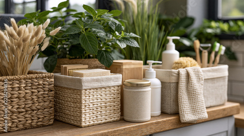 A creative presentation of sustainable home organization concept with woven baskets, refillable containers, reusable accessories and natural materials in a bright modern interior