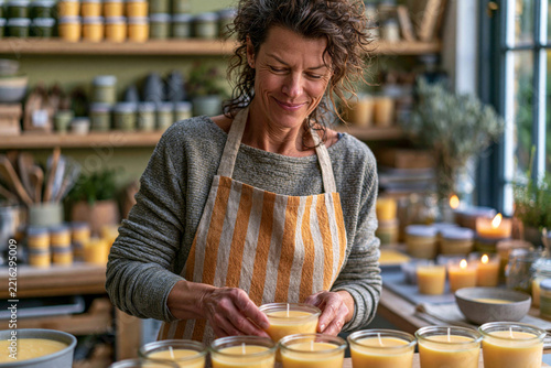 A detailed view of woman creating handmade candles with soy wax and glass containers in a bright creative workspace, organized supplies, natural light