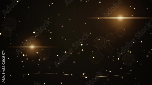 Elegant Golden Particles Floating In Dark Background With Soft Light Flares And Hexagonal Bokeh Glow