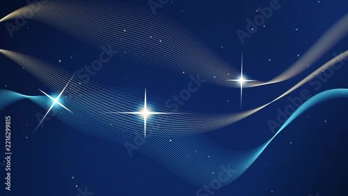 Glowing Wave Particles and Starry Night Motion Background with Abstract Light Trails in Dark Blue