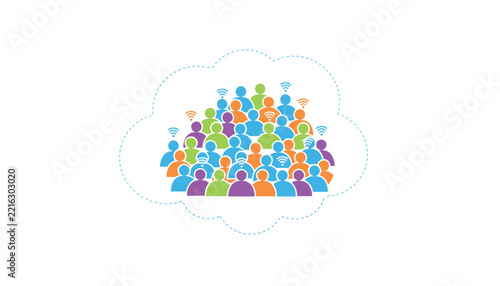 Large group of colorful person icons with wifi symbols above their heads inside a dashed cloud outline representing cloud networks.