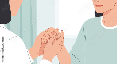 Doctor holding patient's hand, medical care, empathy, support, trust