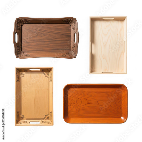 Set of Wooden Serving Trays Collection Isolated on White Background, Top View