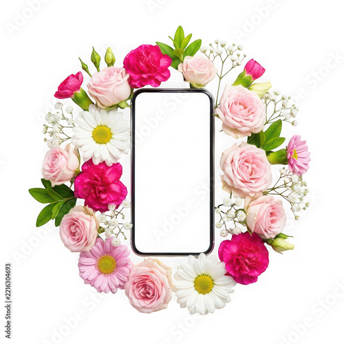 Floral Frame with Pink Roses and Daisies Around Blank Card Isolated on White Background