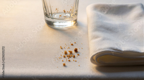 Folded napkin, empty glass, and scattered crumbs sitting neatly at the edge of a dining table