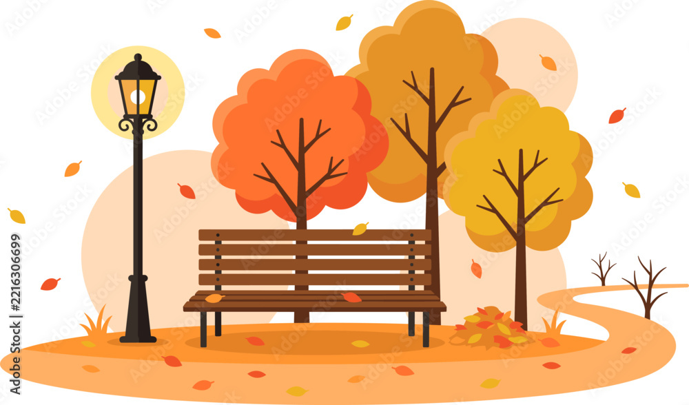 Naklejka premium Autumn Park Scene With Bench Lamp And Falling Leaves autumn, fall, park, season, nature, tree, trees, bench, lamp, lamppost, fallen