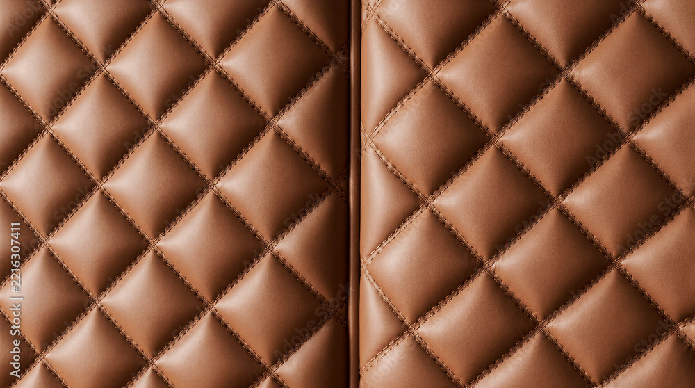 Naklejka premium Diamond quilted leather wall panels featuring cognac hide stitched in a grid of channels
