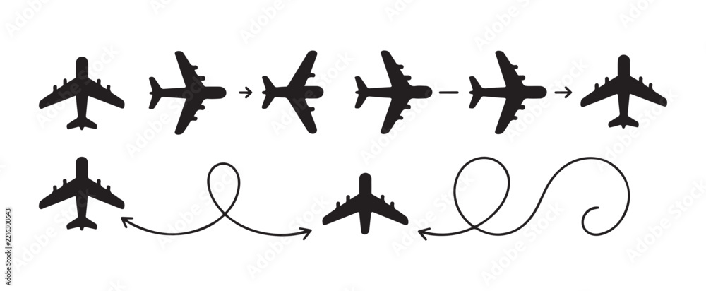 Fototapeta premium Aeroplane silhouette travel route vectors displaying multiple flight path options on grid background.