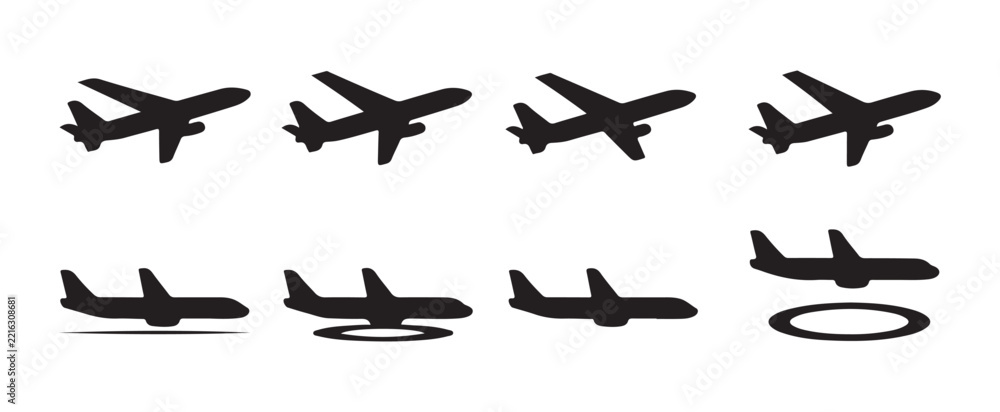 Fototapeta premium Passenger airplane silhouette collection presenting diverse flying and landing angles for visual projects.