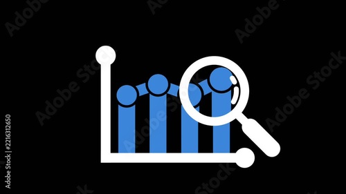 Data analysis and market research concept with bar graph and magnifying glass, flat animation mp4 footage.