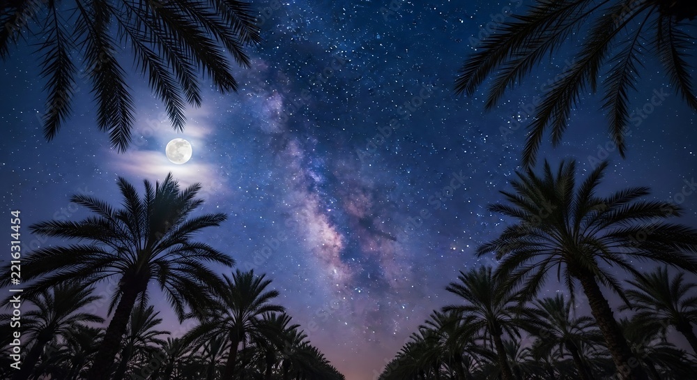 Fototapeta premium Beautiful night sky featuring the Milky Way galaxy and a bright full moon over silhouettes of palm tree grove during summer