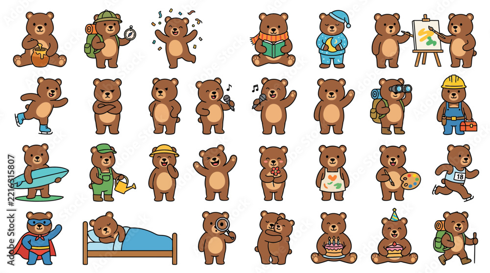 Fototapeta premium Cute Bear Characters in Various Activities, Isolated