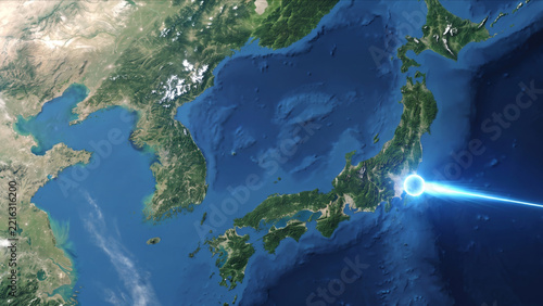 東アジアの衛星視点から東京を発ちソウルへ向かう光子オーブの抽象CG