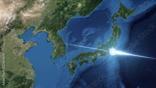 東アジアの衛星視点から東京を発ちソウルへ向かう光子オーブの抽象CG