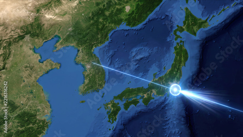 東アジアの衛星視点から東京を発ちソウルへ向かう光子オーブの抽象CG