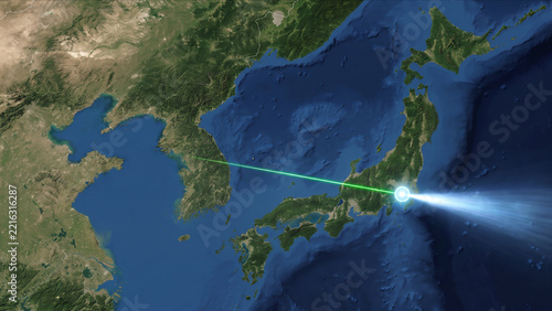 東アジアの衛星視点から東京を発ちソウルへ向かう光子オーブの抽象CG