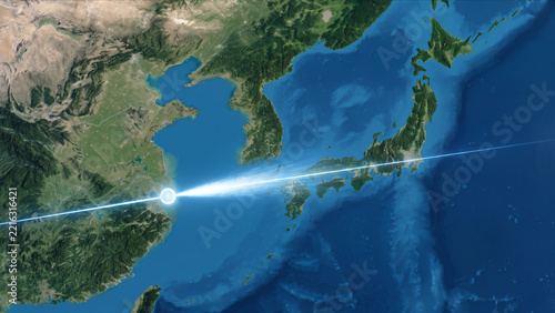 東アジアの衛星視点から東京と上海を結ぶ光ラインが輝くホログラムCG