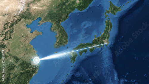東アジアの衛星視点から東京と上海を結ぶ光ラインが輝くホログラムCG