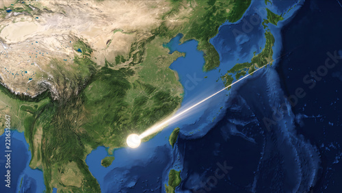 東アジアの衛星視点から東京と香港を結ぶ光ラインが輝くホログラムCG