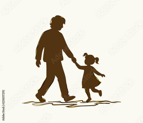 Silhouette of a father walking with his little daughter