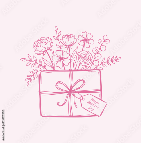 Hand drawn mothers day gift box with flowers