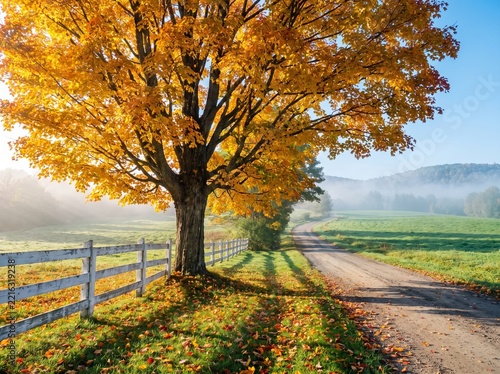 Golden autumn tree beside a white wooden fence on a rural dirt path with countryside sunlight landscape peaceful farmhouse.