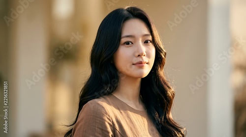 Young woman with long black hair wearing brown dress looking at camera person face adult smiling portrait female eyes.