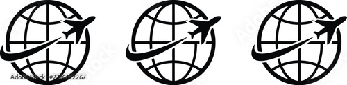 Globe icon set featuring international travel plane routes