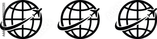 Globe icon set airplane global travel world network flight
