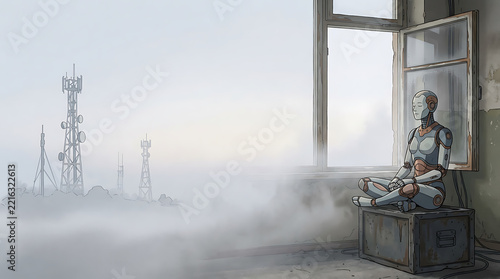Futuristic robot meditating by open window looking over foggy dystopian landscape concept for scifi video