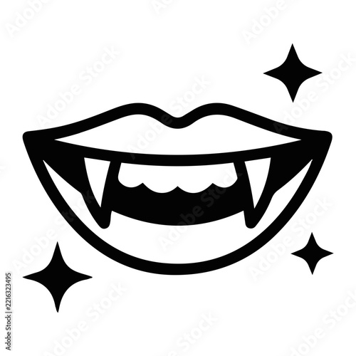 Spooky Halloween Vampire Smile Icon with Fangs and Sparkles