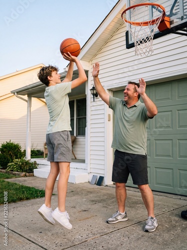 Father and teenage son playing basketball on the driveway