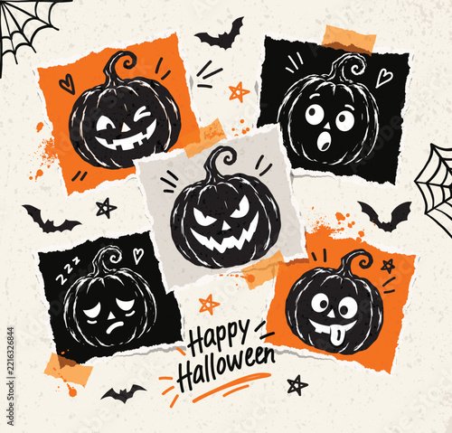 A fun and spooky Halloween collage featuring five hand-drawn black pumpkins with different funny facial expressions. Decorative elements include bats, spider webs, hearts, stars, paint splatters