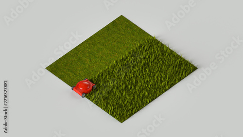 Robotic Lawn Mower Cutting Green Grass 3D render